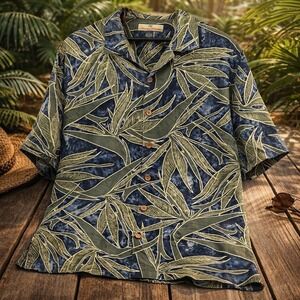 Tommy Bahama Silk Hawaiian Camp Shirt Large Olive Tropical Leaf Resort Cruise